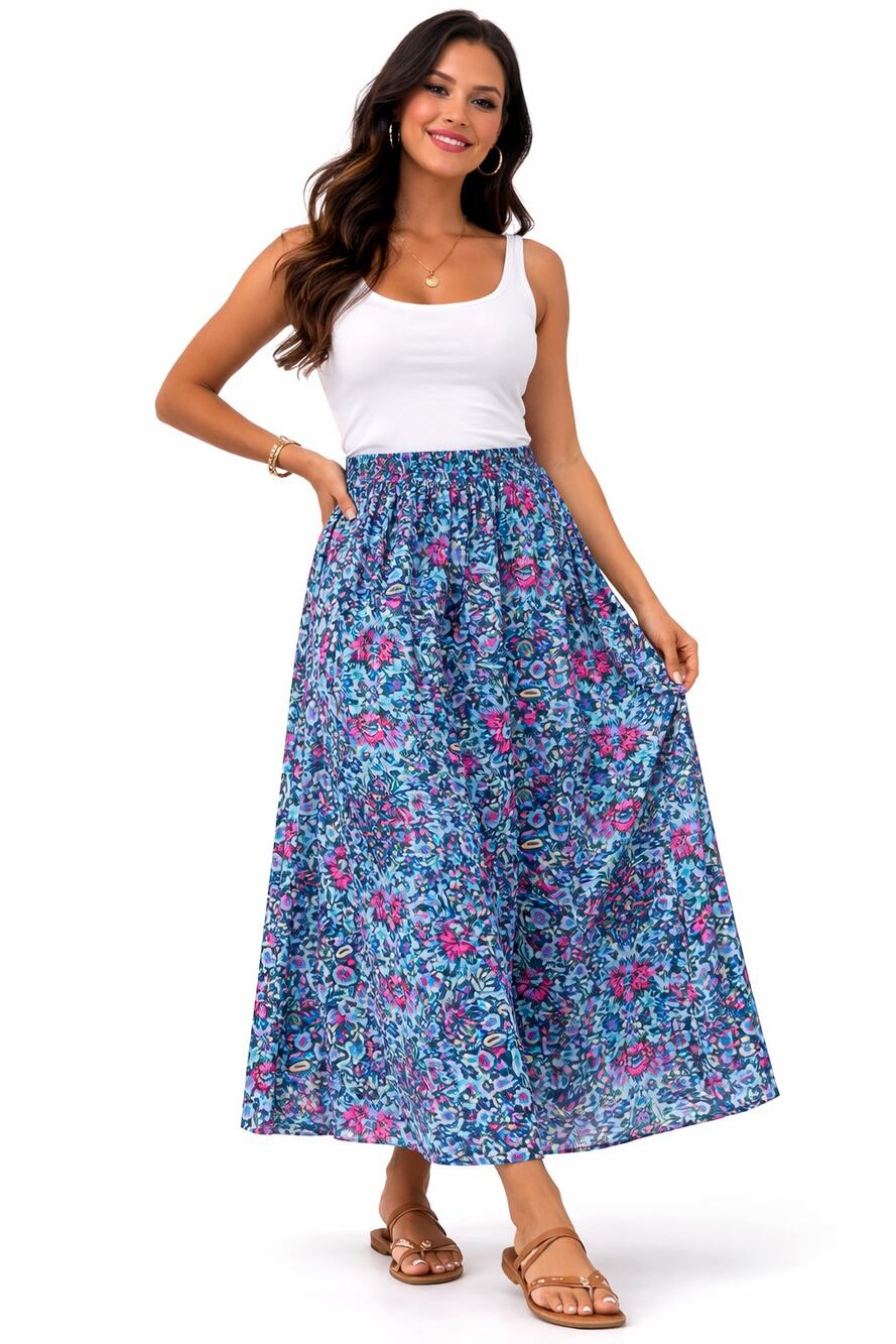 Floral Blue Midi Skirt — Elastic Waist Maxi Skirt